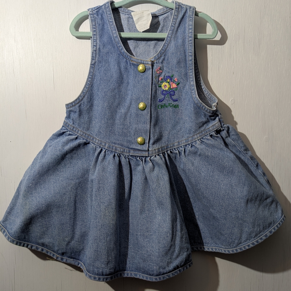 Vintage Oshkosh B'Gosh Denim Sleeveless Dress with Floral Embroidery